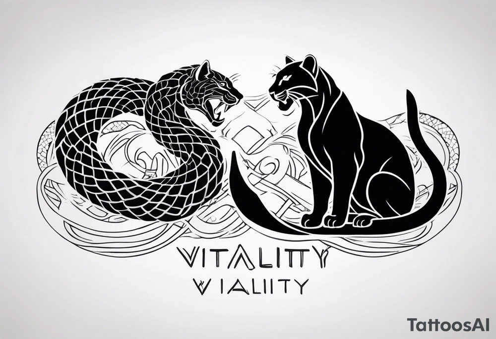A snake and a panther To fight and wrap around the word "vitality" tattoo idea