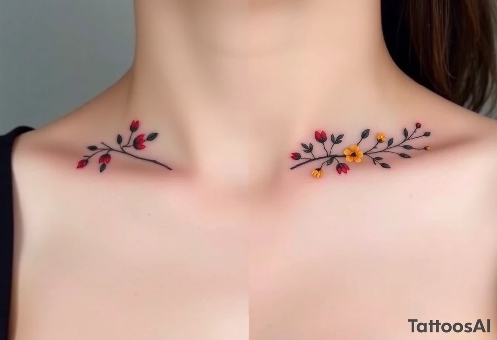 Two separate collarbone tattoos of long, thin stems and branches covered with red, orange, yellow and dark forest green leaves and flowers, fall themed, muted, delicate and gentle but moody, long and thin, following the collarbone. tattoo idea
