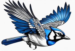 Strong blue jay bird in flight downwards tattoo idea