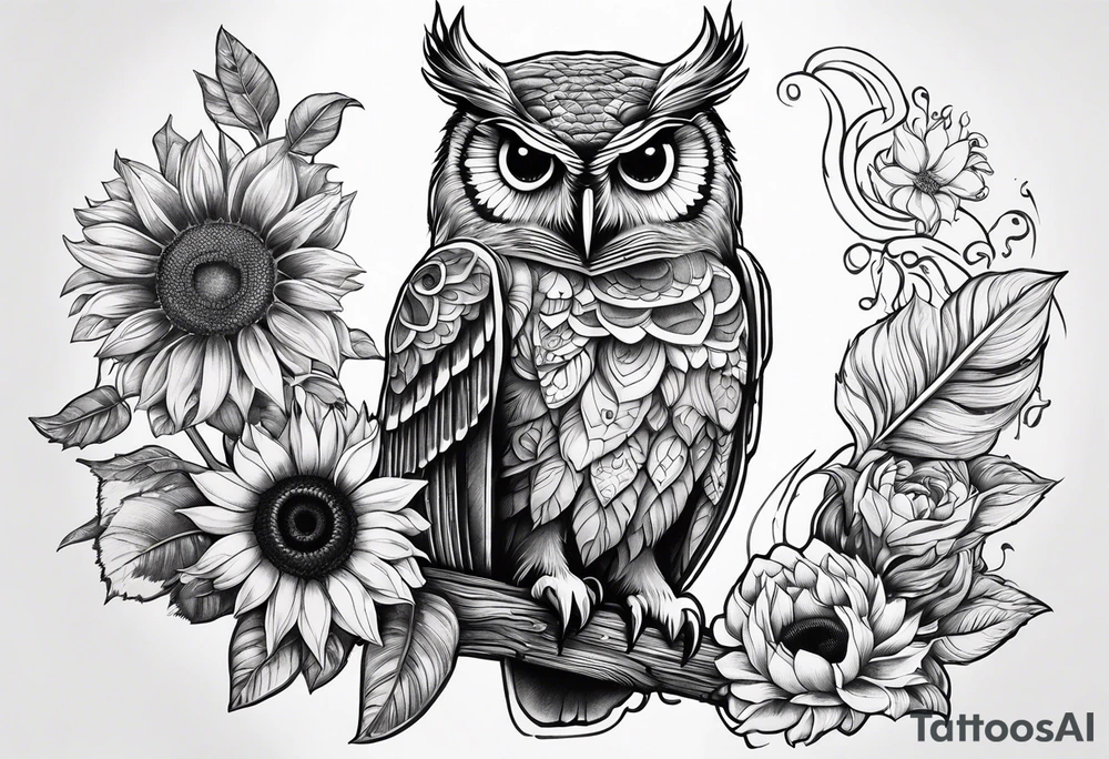 Owl, sunflower, camera, book, peacock tattoo idea