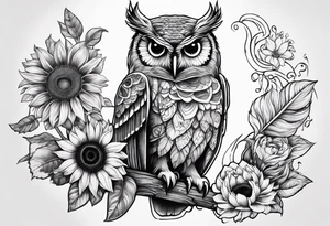 Owl, sunflower, camera, book, peacock tattoo idea