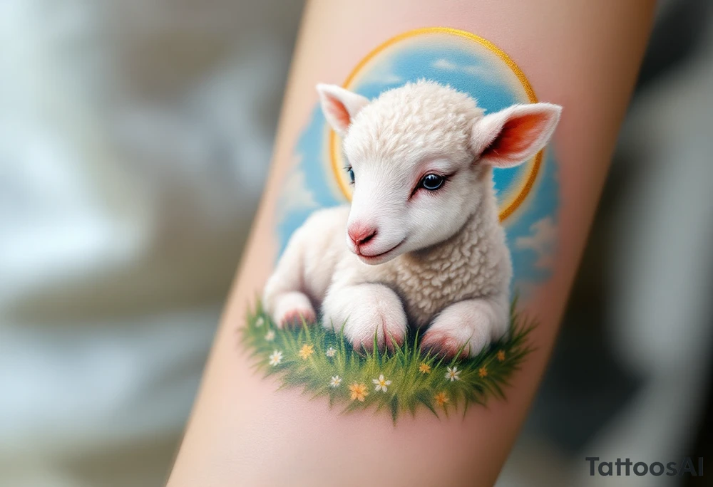 The Lamb of God – A serene white lamb, with golden halo around its head, resting on a bed of green grass with a blue sky in the background. tattoo idea