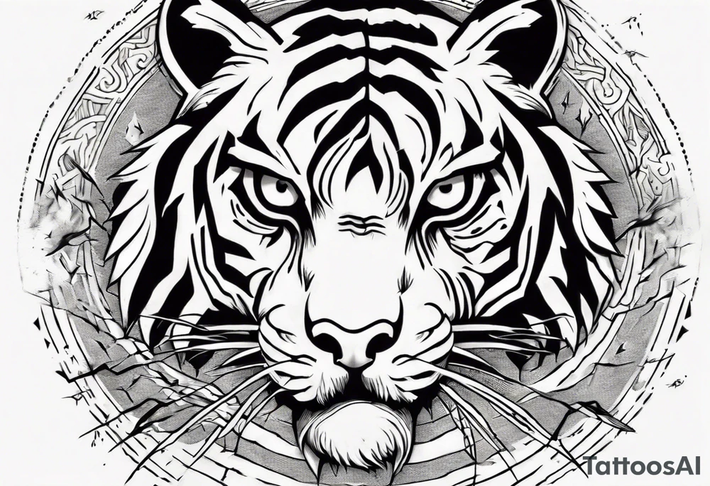Ancient tiger with lightning and a sun for a forearm sleeve. With patterns surrounding it tattoo idea