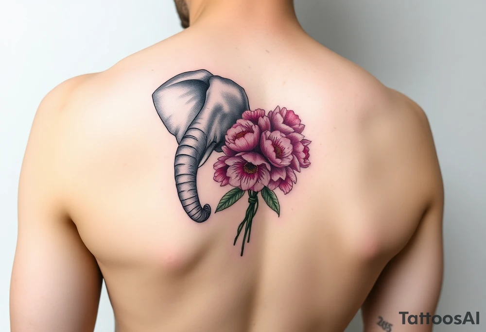 elephant holding a bouquet of small pink peonies tattoo idea