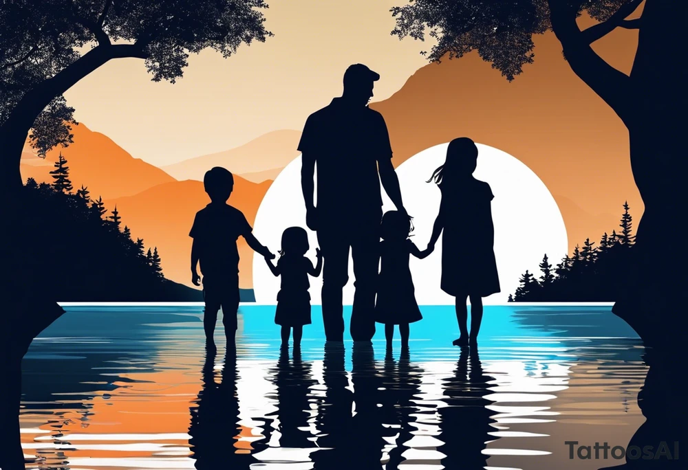 Silhouette of father standing in between daughter and younger son in front of water with reflection and waterfall with the waterfall only being blue. Everything else black and white. 6 year old daughter on one side and 2 year old son on the other side of the father tattoo idea