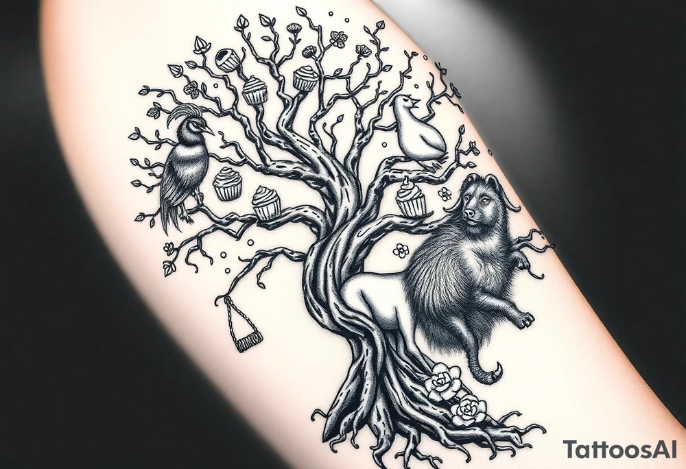 mystical tree of life with cosmic roots and celestial branches fat naked sexy woman , peacock , pig , cupcakes, liquor, cigerette, Storm clouds, pig, peacock , fat sexy naked fat woman, cupcakes, noose , money, goat lion, couple having sex, cigerette storm lightening, killing, darkness death, violent majestic creatures tattoo idea
