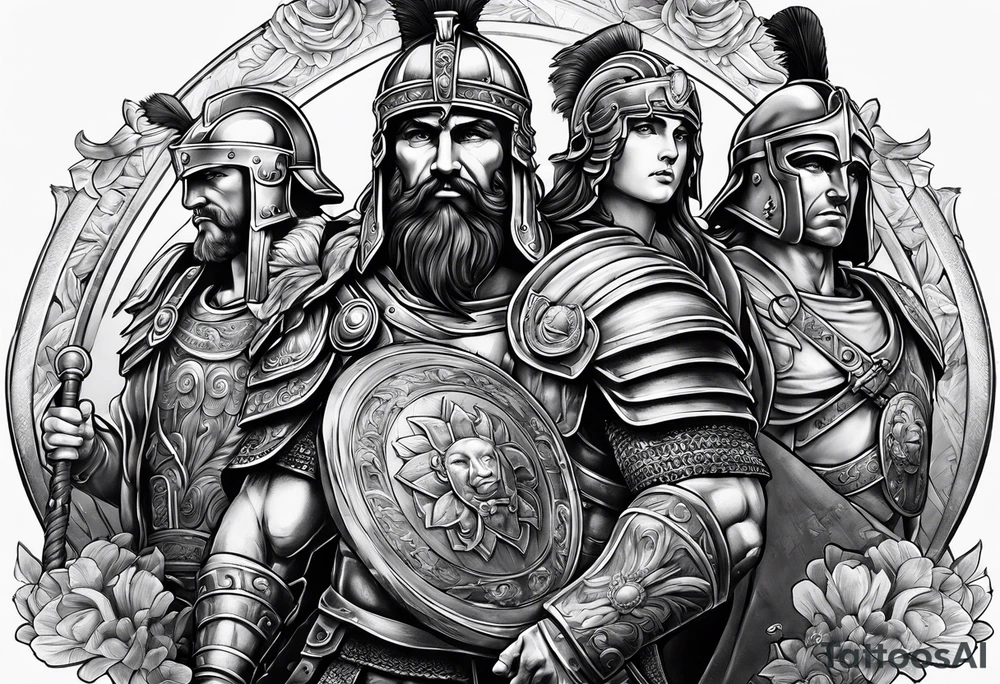 A sleeve of Roman objects and warriors tattoo idea