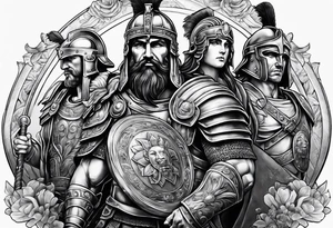 A sleeve of Roman objects and warriors tattoo idea