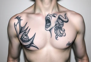 Feminine Tattoo female yelling with horns just barley touching collarbone tattoo idea