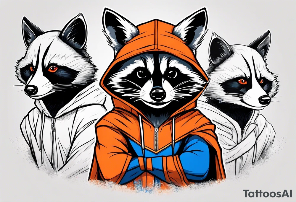 Raccoon wearing an orange Superman hoodie tattoo idea