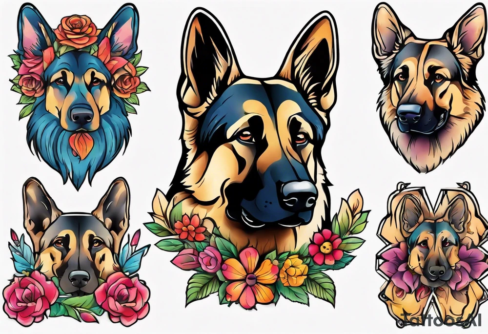 German shepherd portrait brightly colored flower frame tattoo idea