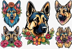 German shepherd portrait brightly colored flower frame tattoo idea