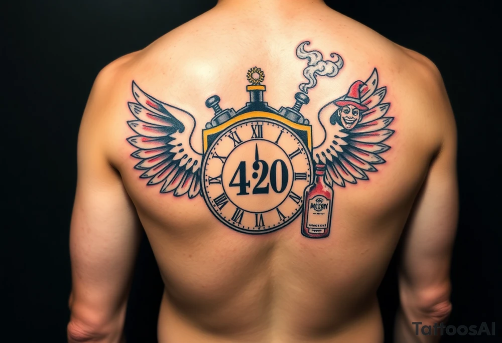 jack in the box tattoo with
the box as a clock with the time 420
two open wings besides the clock
smoke as the spring rising from the clock
a jester clown coming out the smoke
smoking in one hand with a liquor bottle on the other hand tattoo idea