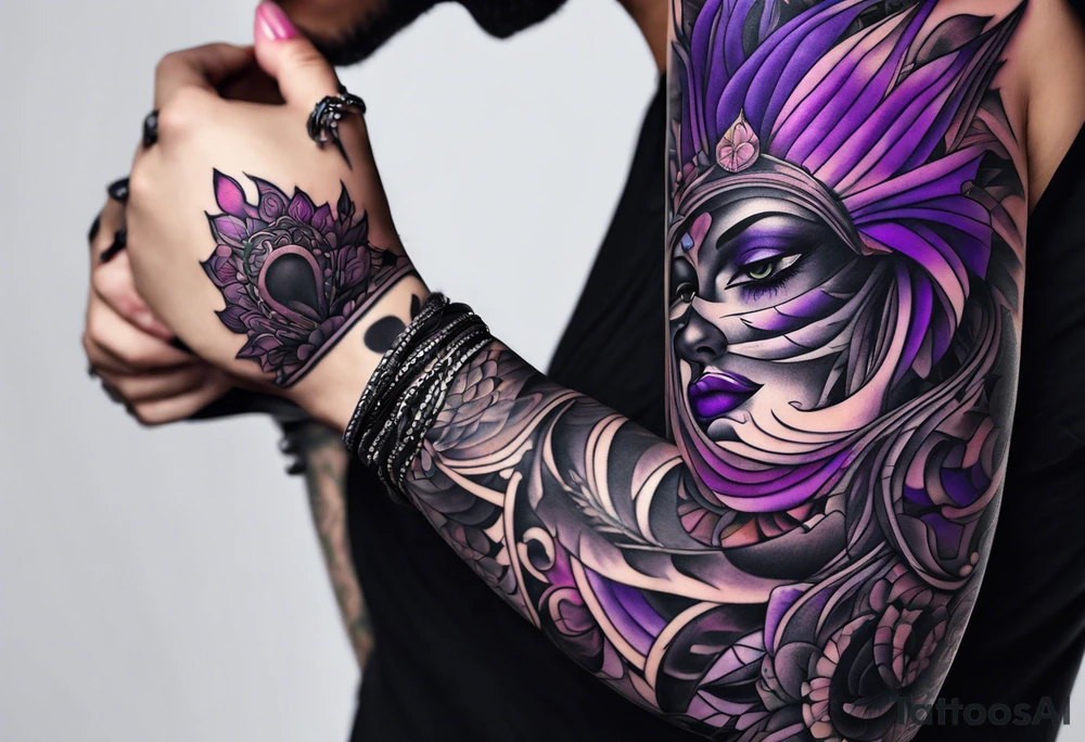 lines around wrist, abstract, black and purple, covered from wrist to forearm, fully covered, no borders, blackwork, no faces tattoo idea