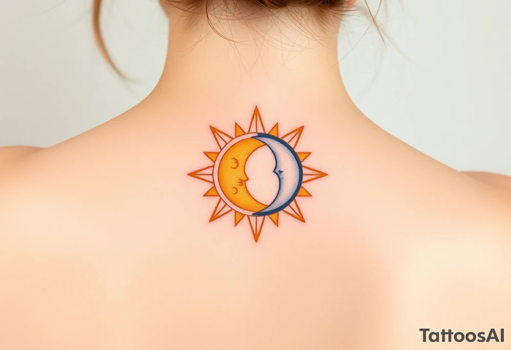 A sun and moon intertwined with delicate Virgo symbols, blending gold, soft yellow, and midnight blue tones tattoo idea