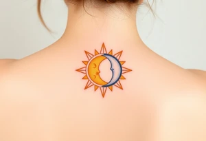 A sun and moon intertwined with delicate Virgo symbols, blending gold, soft yellow, and midnight blue tones tattoo idea