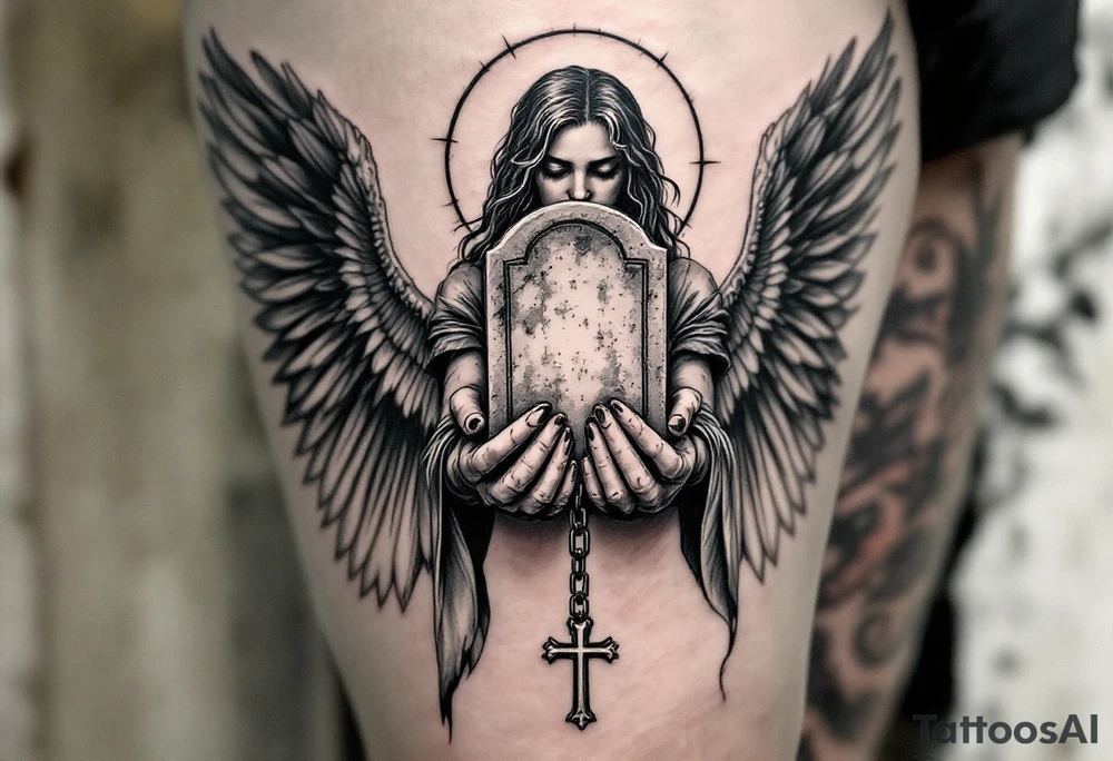 Angel hold headstone in hands with a cross chain hanging down with large wings tattoo idea