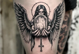 Angel hold headstone in hands with a cross chain hanging down with large wings tattoo idea