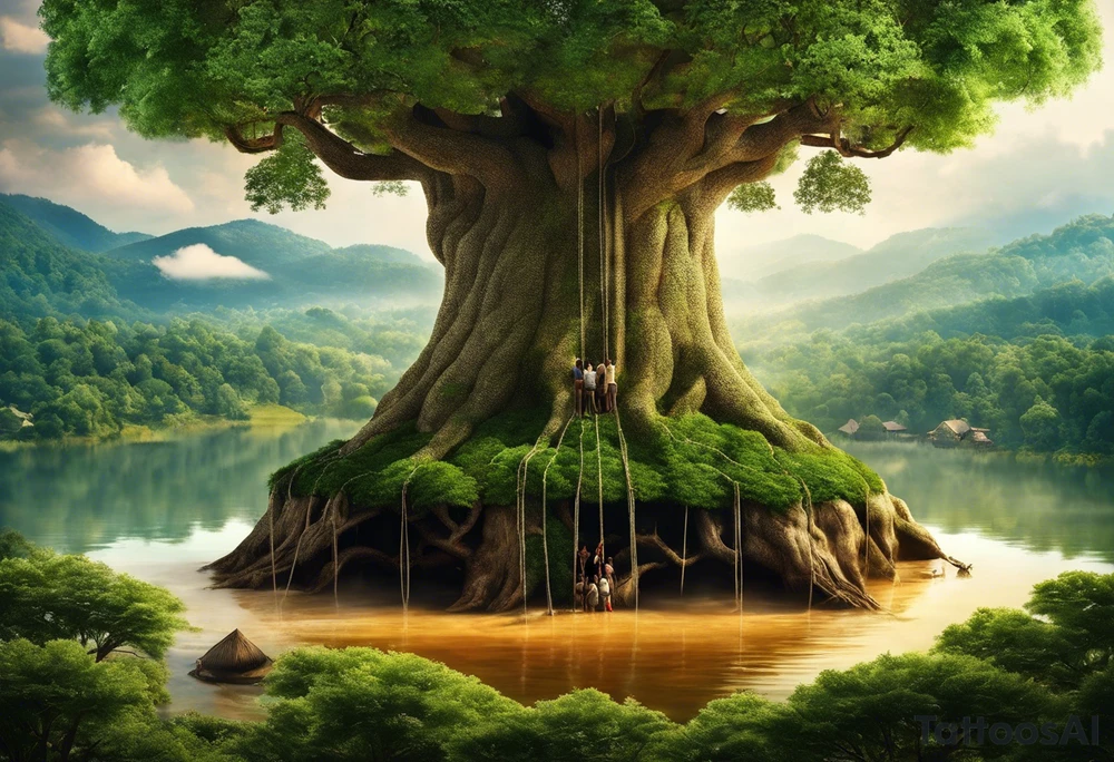 utopia picture of a tree at one level where above the surface is a group of people living in prosperity surrounding a tree. Below the surface the roots of the tree go down and turn into ropes and people are climbing these ropes to try and reach the above the surface. below the people climbing the ropes is hell, wih depicting of war slavery and death. going back to the top, above the tree is a perfection or heaven / nirvana. . include alchemical and occult symbols to depict this journey to enlightenment like religious or astrolligcal symblol. make it a full body tattoo stencil where the top of the tree would be at the chest and the ropes at the legs. tattoo idea
