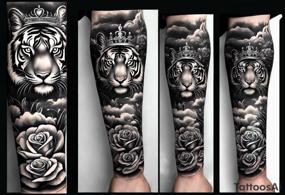 Full right arm sleeve  tiger with a crown and third eye with a hour glass instead the hour glass brain cover in in clouds and a heart cover in grass and roots with roses and smoke all over the arm tattoo idea