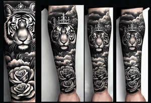 Full right arm sleeve  tiger with a crown and third eye with a hour glass instead the hour glass brain cover in in clouds and a heart cover in grass and roots with roses and smoke all over the arm tattoo idea