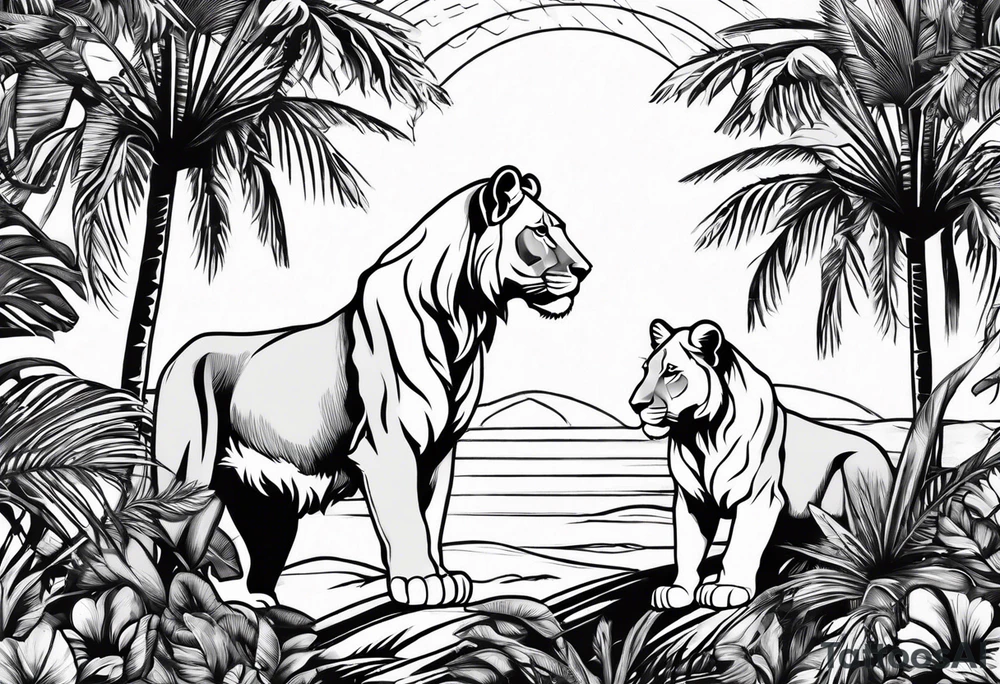 lioness and cub sun palm tree tattoo idea