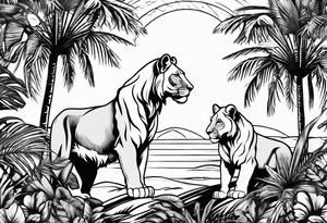 lioness and cub sun palm tree tattoo idea