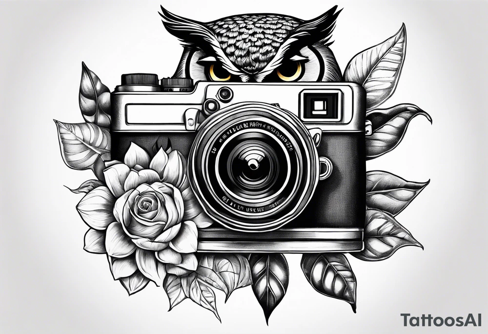 Sunflower, camera, book, owl, flower rose tattoo idea