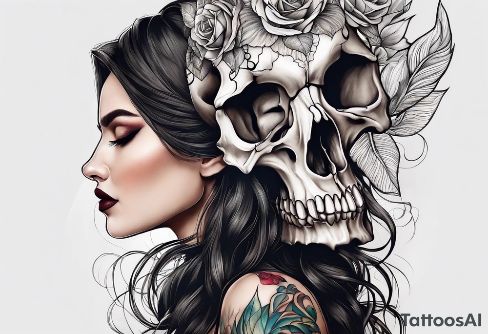 Wolf skull on woman’s head tattoo idea
