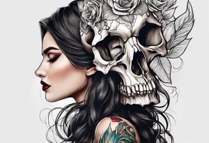 Wolf skull on woman’s head tattoo idea
