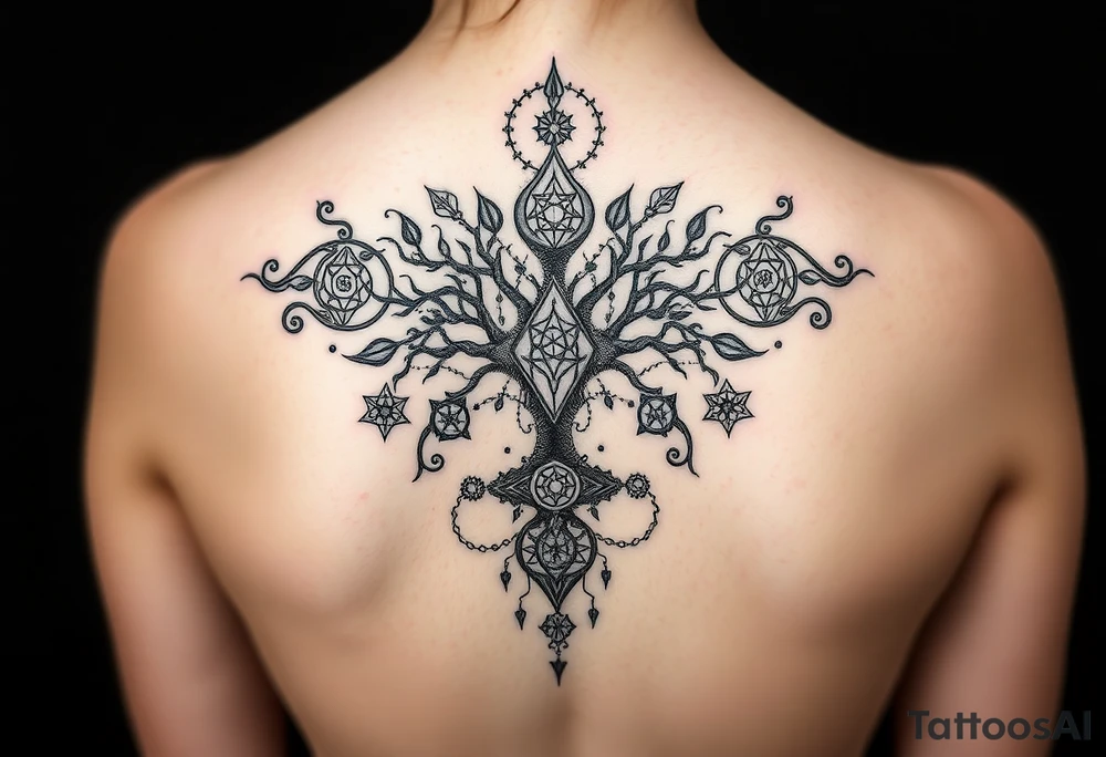 Sephiroth tree tattoo with sacred geometry and cosmic elements tattoo idea