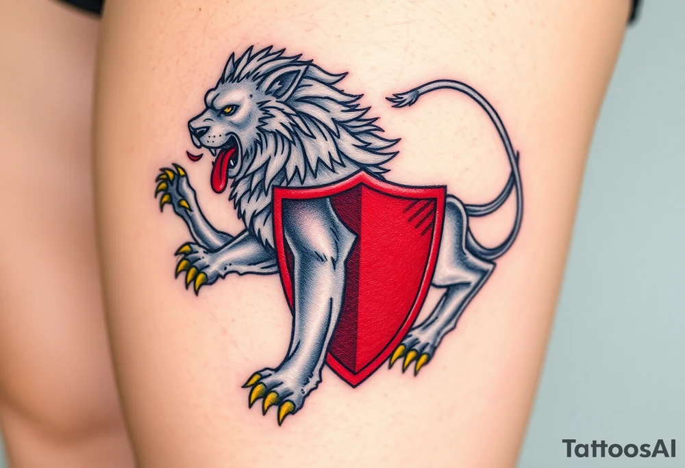 A majestic double-tailed silver lion with golden claws and a red tongue, standing proudly on a red shield, symbolizing strength and courage tattoo idea