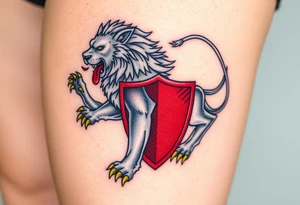 A majestic double-tailed silver lion with golden claws and a red tongue, standing proudly on a red shield, symbolizing strength and courage tattoo idea