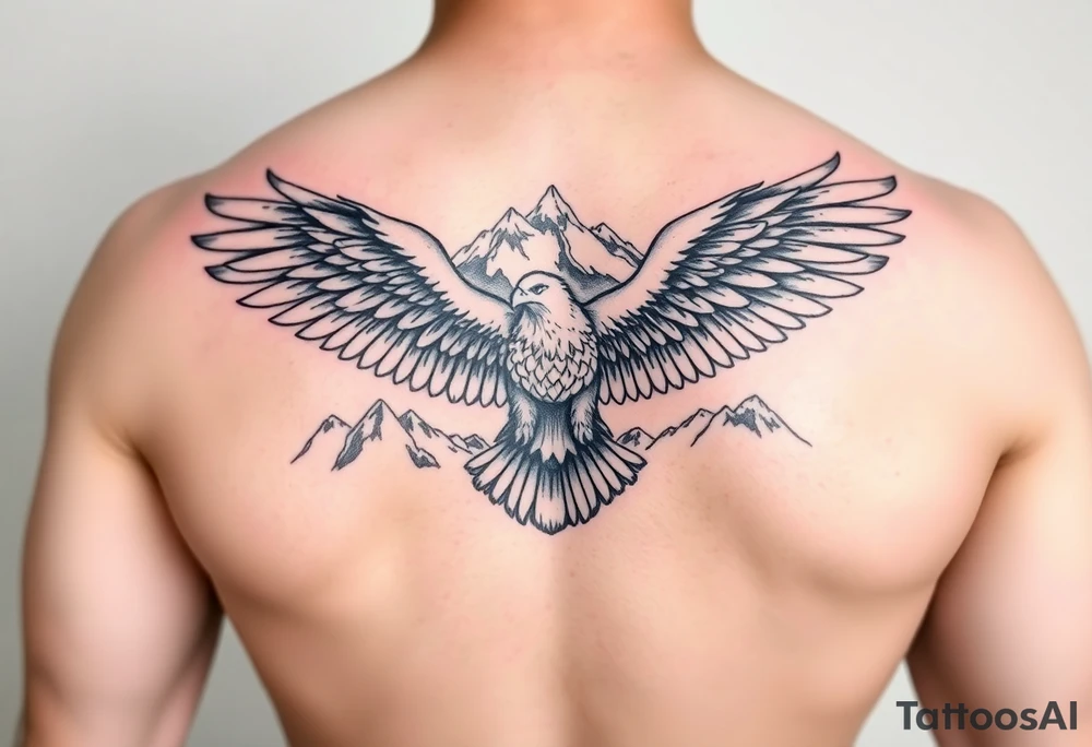 majestic eagle spreading wings against mountain peaks tattoo idea