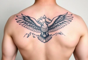 majestic eagle spreading wings against mountain peaks tattoo idea