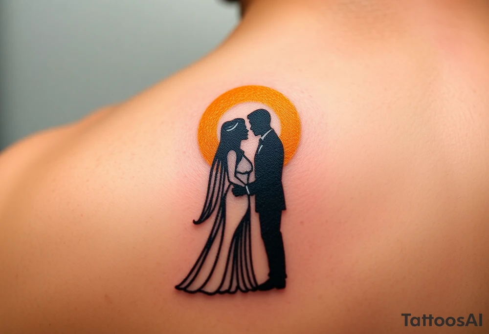 A couple standing at the altar, facing each other, bathed in a golden sunlight glow tattoo idea