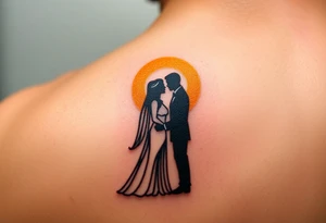 A couple standing at the altar, facing each other, bathed in a golden sunlight glow tattoo idea