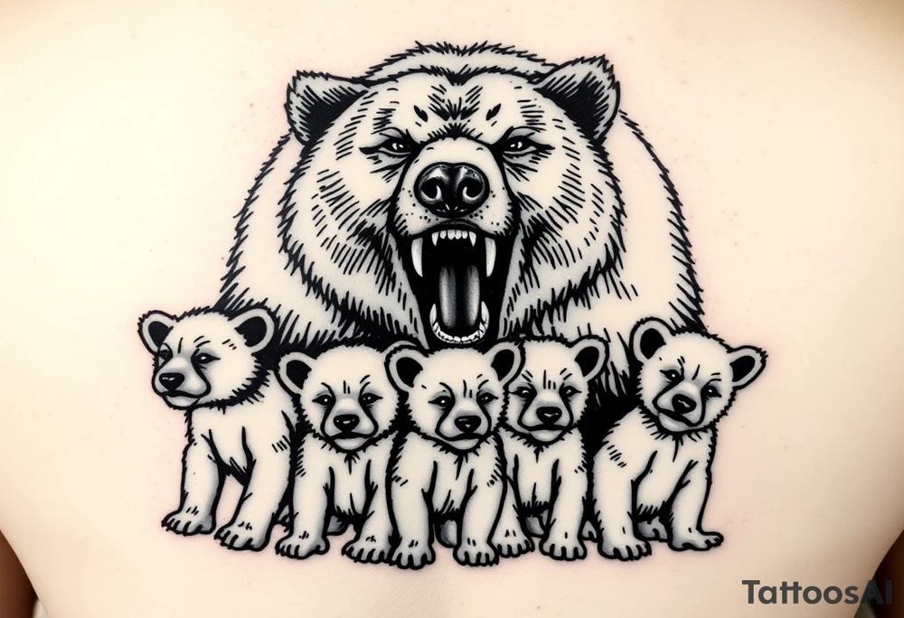 A grizzly bear fiercely growling, looming over 4 cubs 3 girls and a boy. tattoo idea