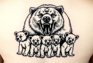 A grizzly bear fiercely growling, looming over 4 cubs 3 girls and a boy. tattoo idea