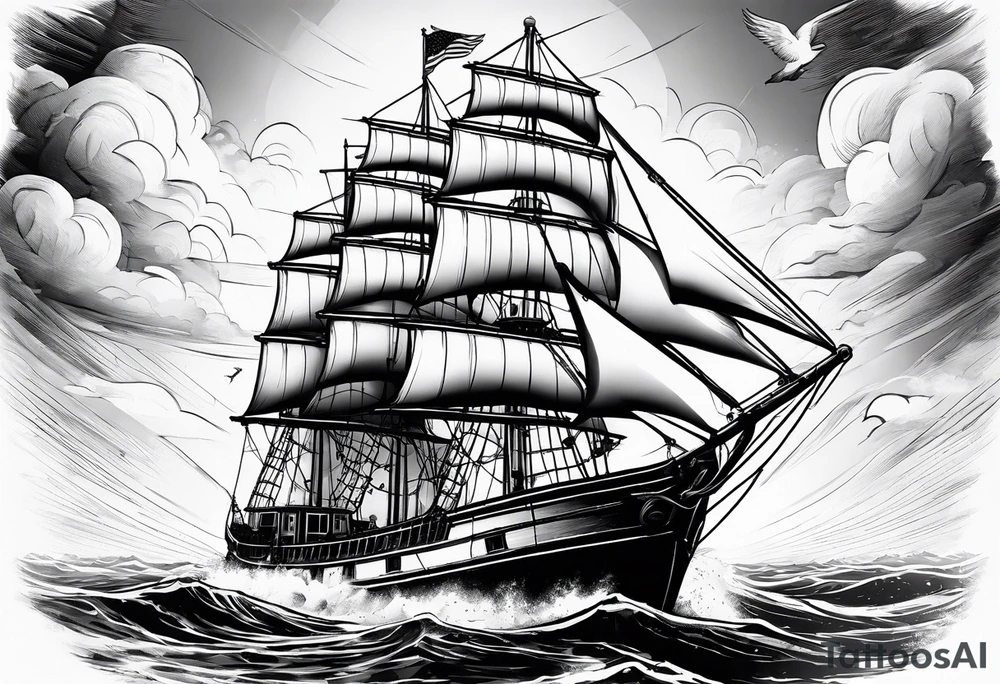 ghost marine lighthouse behind the bow of a sailboat. tattoo idea