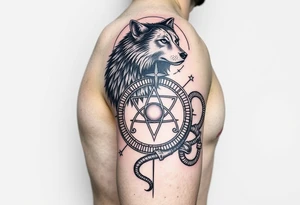 Right arm sleeve for men 
With wolf and moon on the top then Triskelion: Cycles of life then Ouroboros then something else 
 On the arm only tattoo idea