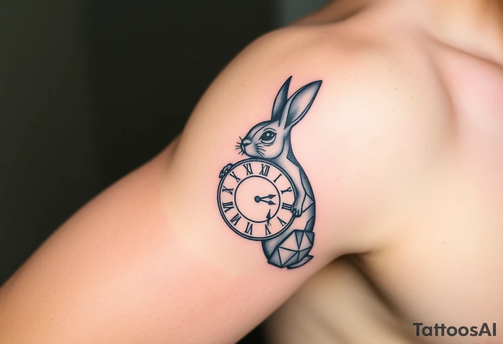 Geometrical rabbit holding a geometrical clock tattoo idea
