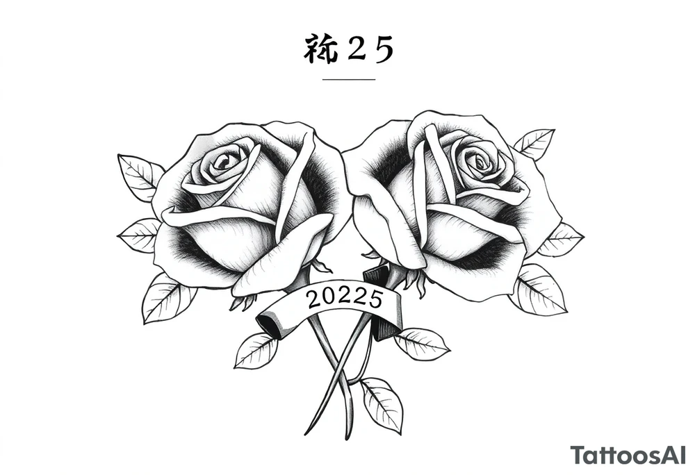 two beautiful rose buds, side by side, with many leaves and stems intertwined, representing two people in love. Include a small banner with "2025" on it.  The word "Rose" written in Kanji above the drawing.  Dark outlines tattoo idea