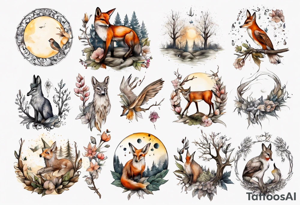 wasser, sonne, mond, fuchs, eule kolibri, wald, hirsch, blume des lebens, 
baum, berlin tattoo idea