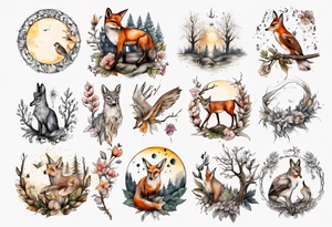 wasser, sonne, mond, fuchs, eule kolibri, wald, hirsch, blume des lebens, 
baum, berlin tattoo idea