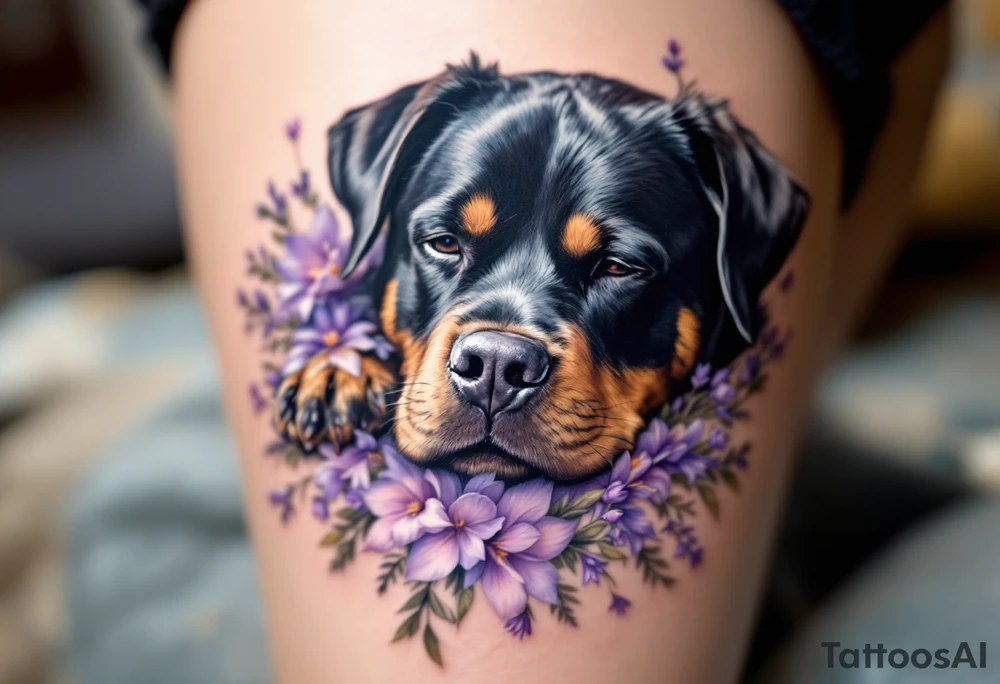 Rottweiler in Flowers – A full-body Rottweiler lying peacefully in a field of purple wildflower tattoo idea