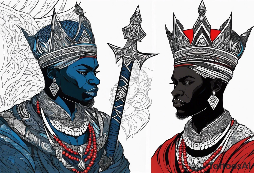 An african god, a bald black-skinned warrior, that uses a sword and a silver crown. He also uses blue and red necklaces tattoo idea