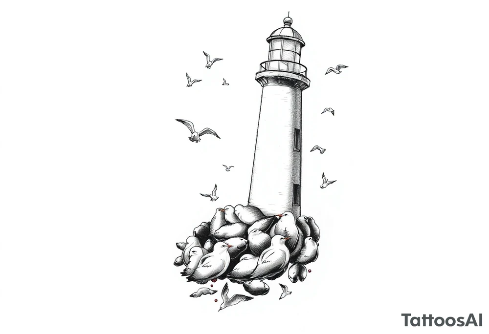 upper arm tattoo sea with lighthouse surrounded by seagulls tattoo idea