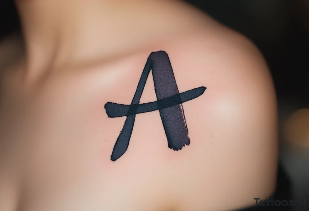 A brushstroke "A" in deep navy blue, fading into a smoky gray. tattoo idea