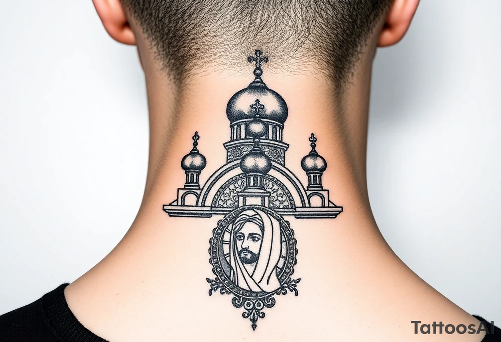 medium sized Russian orthodox church with bulb domes with a prominent russian orthodox mosaic jesus tattoo idea